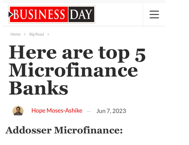 Addosser MFB- Top 5 Microfinance Bank by Business Day